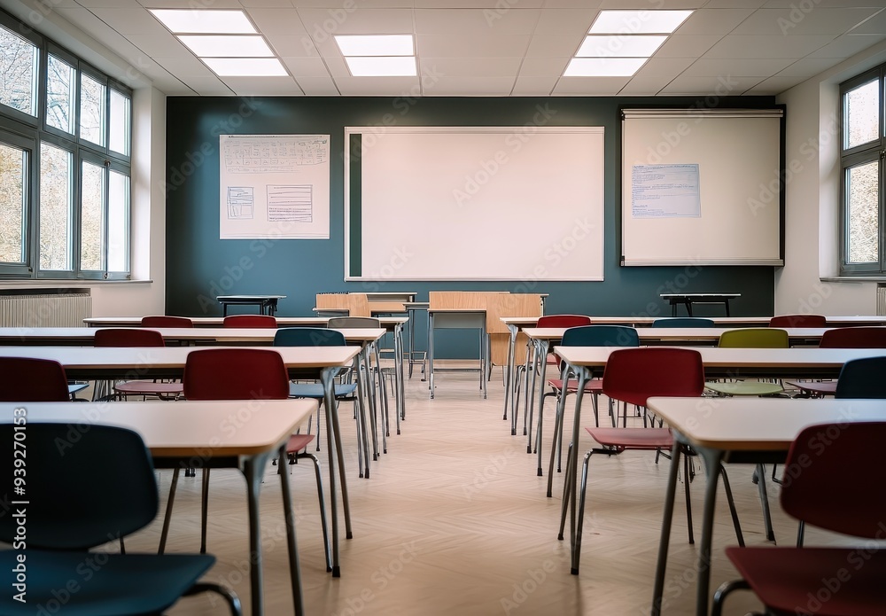 Empty Classroom with Desks and Chairs Empty Classroom with Desks and Chairs
