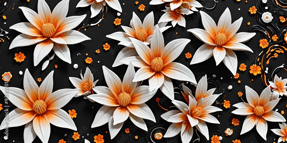 a black wallpaper with white and orange flowers in relief and in 3D. a black wallpaper with white and orange flowers in relief and in 3D.