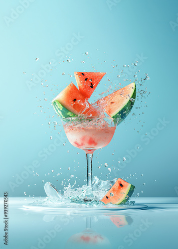 A cooling cocktail for hot summer days made from fresh and delicious watermelon, ready for refreshment and fun, on a monochrome ocean blue background