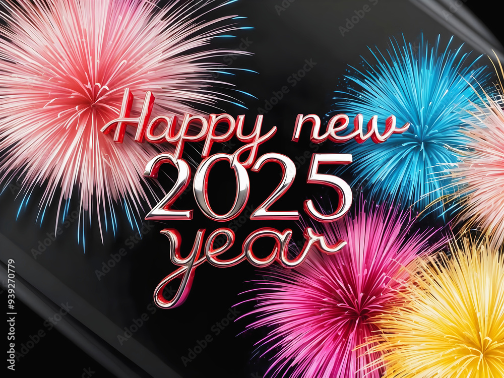 Happy new 2025 year, text on black background with fireworks, colourful festive template, card, poster design concept, celebration