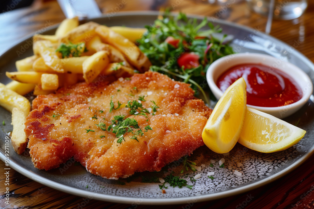 Breaded wiener schnitzel with potato fries and sauce. Oktoberfest dishes. Breaded wiener schnitzel with potato fries and sauce. Oktoberfest dishes.