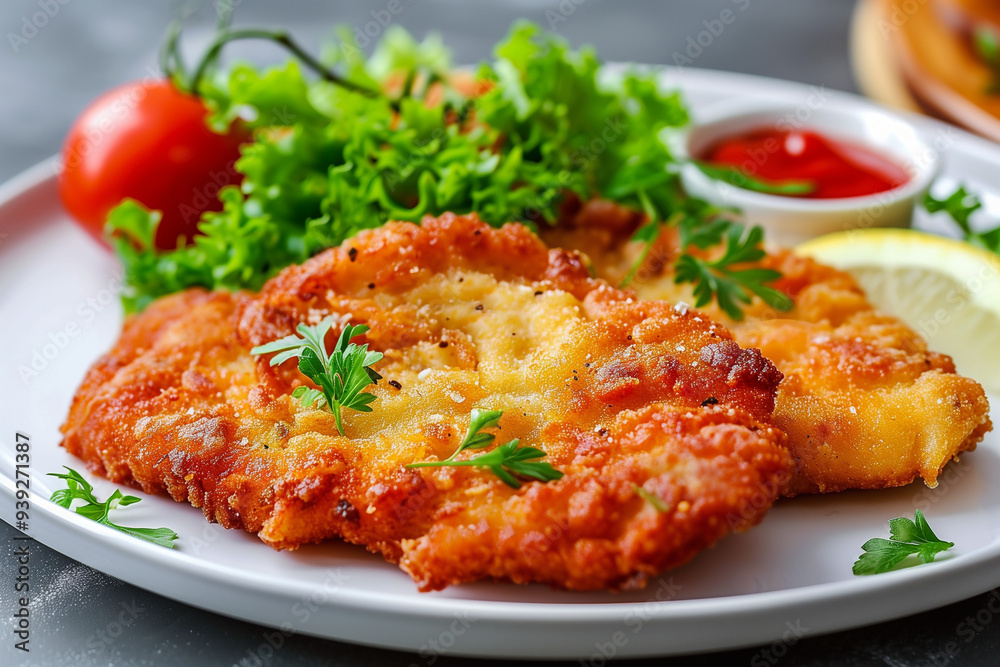 Breaded wiener schnitzel with potato fries and sauce. Oktoberfest dishes. Breaded wiener schnitzel with potato fries and sauce. Oktoberfest dishes.