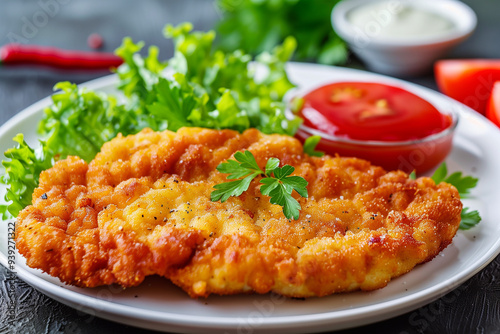 Breaded wiener schnitzel with potato fries and sauce. Oktoberfest dishes. 