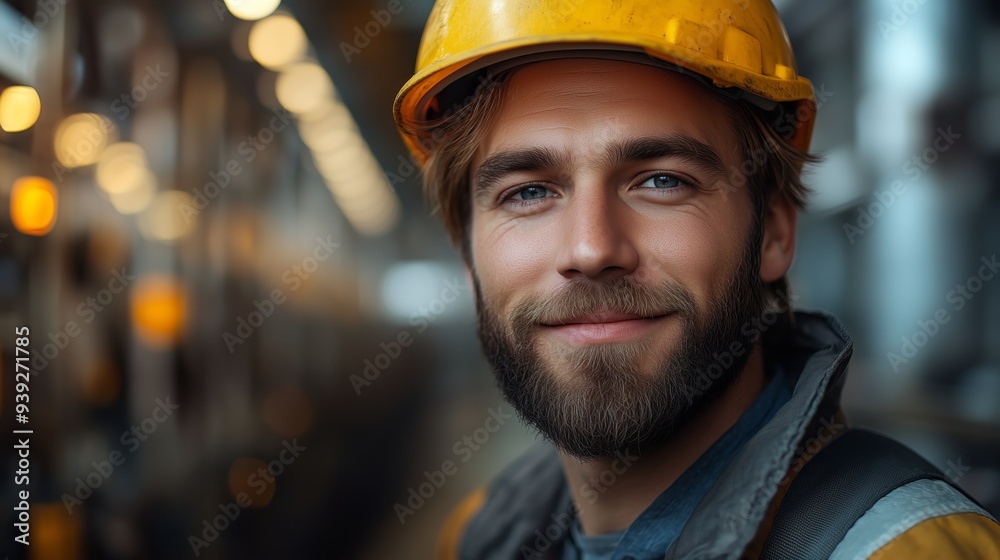 Portrait of a smiling worker in a hard hat looking at the camera against a blurred background. Portrait of a smiling worker in a hard hat looking at the camera against a blurred background.
