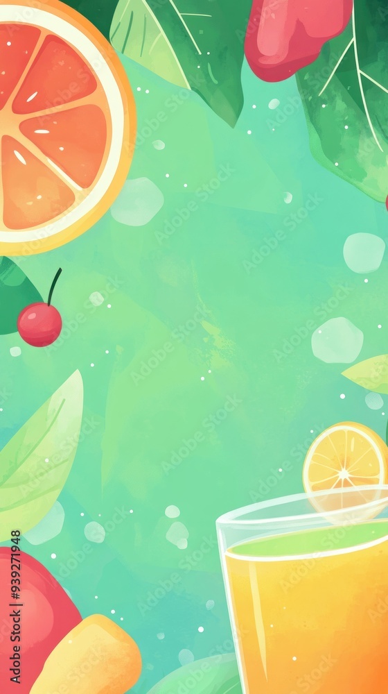 A glass of fresh juice with a lemon slice, surrounded by fruit and leaves on a green background. A glass of fresh juice with a lemon slice, surrounded by fruit and leaves on a green background.