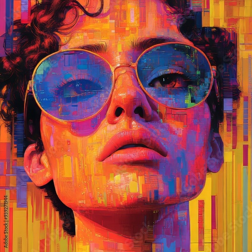 A vibrant, abstract portrait of a woman with curly hair and large sunglasses, representing contemporary artistic expression and style. photo