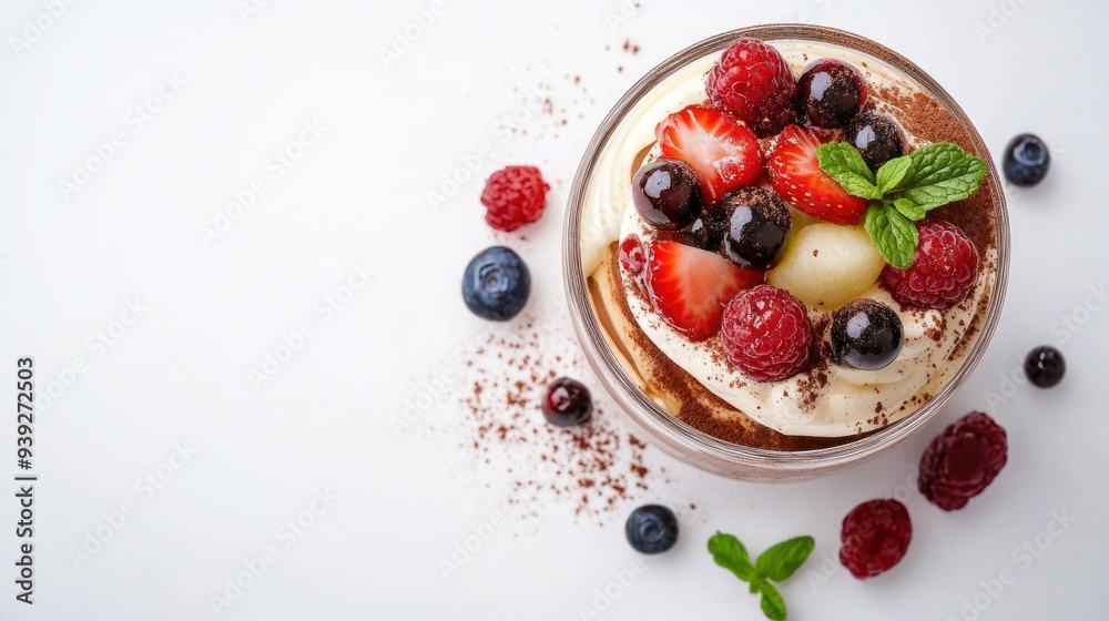 A glass bowl filled with a chocolate mousse dessert topped with whipped cream and fresh berries. There are scattered berries around the bowl.