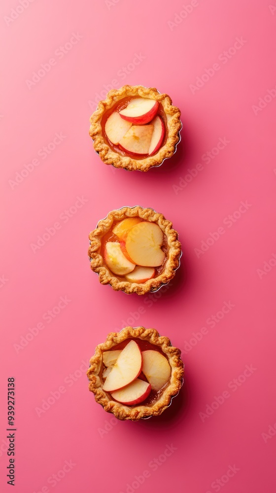 Three mini apple pies with flaky crust and sliced apples on pink background. Three mini apple pies with flaky crust and sliced apples on pink background.