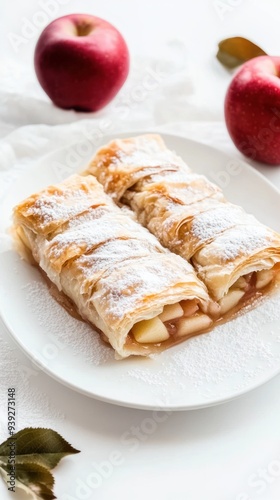 Two apple strudels dusted with powdered sugar on a white plate, with apples and leaves on the side.