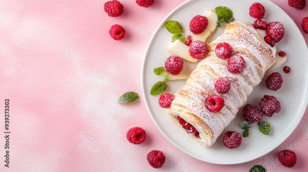 A delicious dessert of a cream-filled roll topped with fresh raspberries, powdered sugar, and mint leaves on a white plate with more raspberries scattered on a pink background. A delicious dessert of a cream-filled roll topped with fresh raspberries, powdered sugar, and mint leaves on a white plate with more raspberries scattered on a pink background.