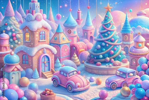 Colorful Fairytale Christmas town with toys, houses, cars and gifts. Christmas toyland. photo