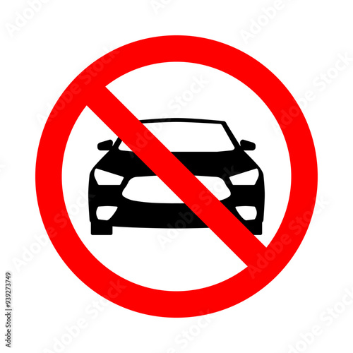 no car zone, sedan front view silhouette in red circle pictogram, round vector icon