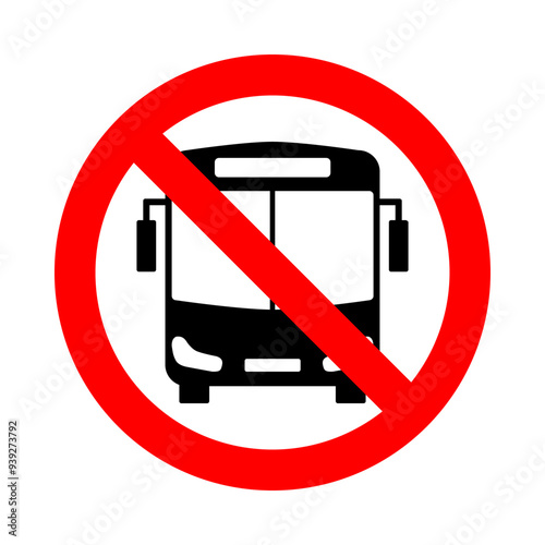 no bus zone, front view silhouette in red circle pictogram, round vector icon