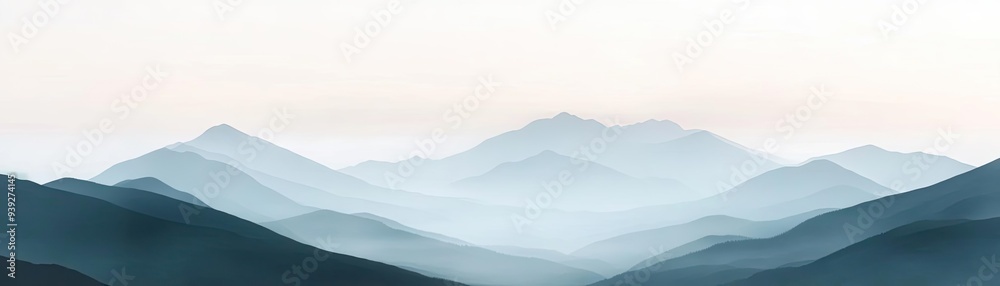 Fototapeta premium Serene mountain landscape with soft blue hues, capturing the tranquility of nature in a minimalist style.