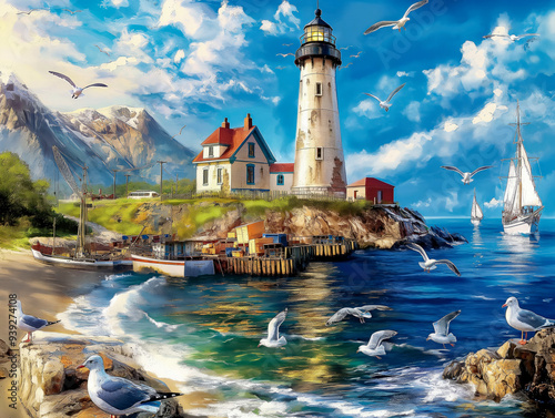 A painting of a lighthouse and a boat on a beach with seagulls flying in the sky photo