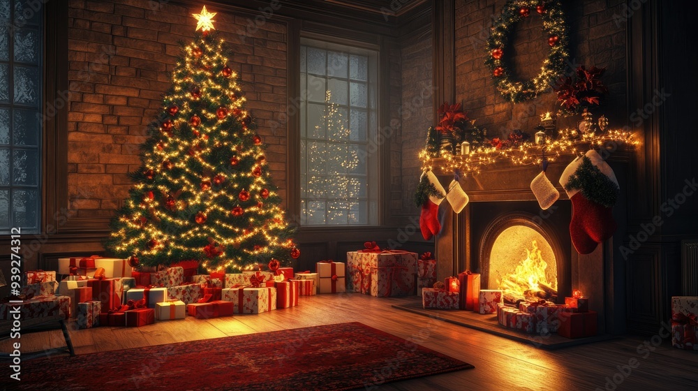 A festive living room with a Christmas tree, glowing fireplace, and wrapped gifts under the tree A festive living room with a Christmas tree, glowing fireplace, and wrapped gifts under the tree