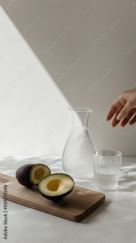 A serene moment with fresh avocados and water on a sunlit table setting A serene moment with fresh avocados and water on a sunlit table setting