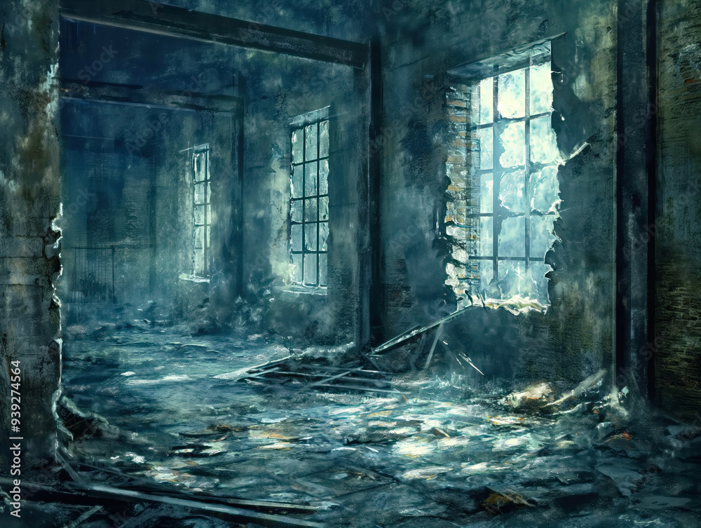 A dark, abandoned room with a window that is open. The room is filled with debris and rubble, giving it a sense of decay and abandonment A dark, abandoned room with a window that is open. The room is filled with debris and rubble, giving it a sense of decay and abandonment