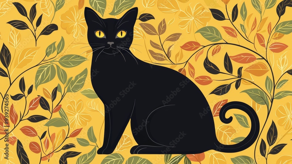 Elegant Black Cat with Autumn Leaves on Yellow Background - Perfect for Seasonal and Decorative Designs Elegant Black Cat with Autumn Leaves on Yellow Background - Perfect for Seasonal and Decorative Designs