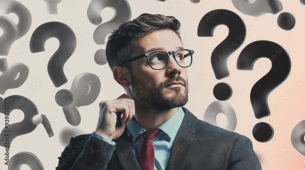 A man in a suit is surrounded by numerous question marks