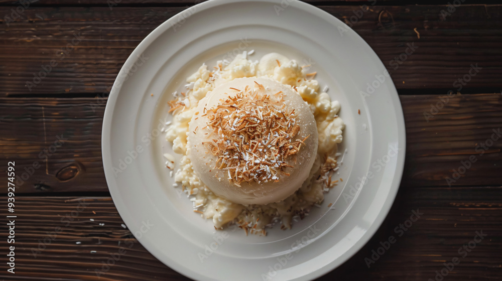 Coconut dessert on a white plate, garnished with coconut shavings, promises a delightful dining experience Coconut dessert on a white plate, garnished with coconut shavings, promises a delightful dining experience