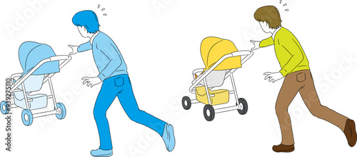 Danger! Father chasing after his baby with a stroller