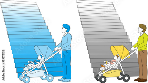 Father looking up stairs while out with baby in stroller