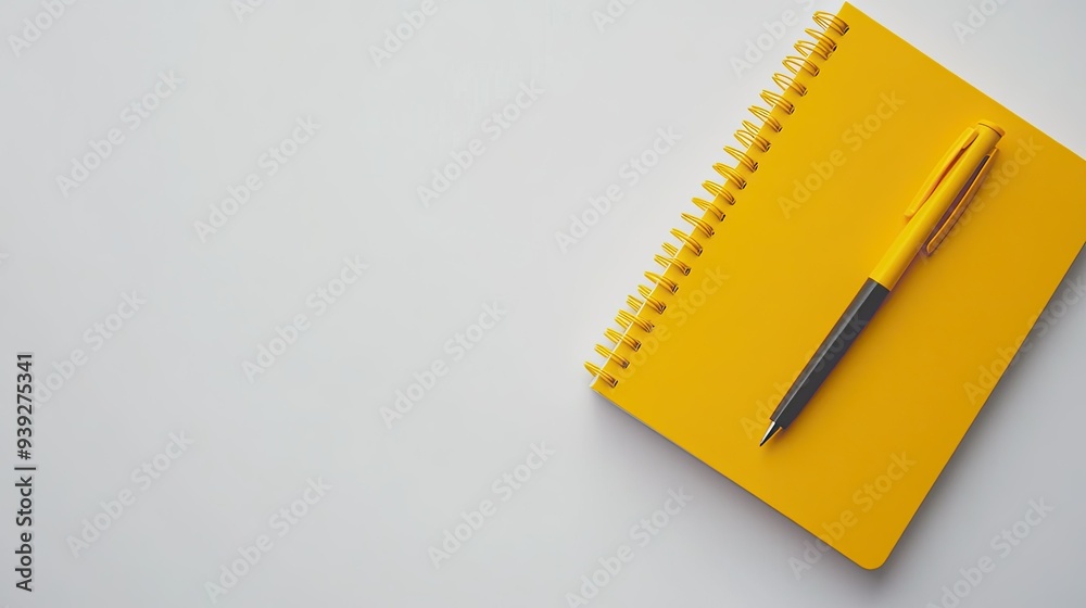 A minimalist workspace with a vibrant yellow notebook and a single pen on a white desk A minimalist workspace with a vibrant yellow notebook and a single pen on a white desk
