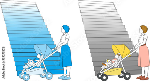 Mother looking up stairs while out with baby and stroller