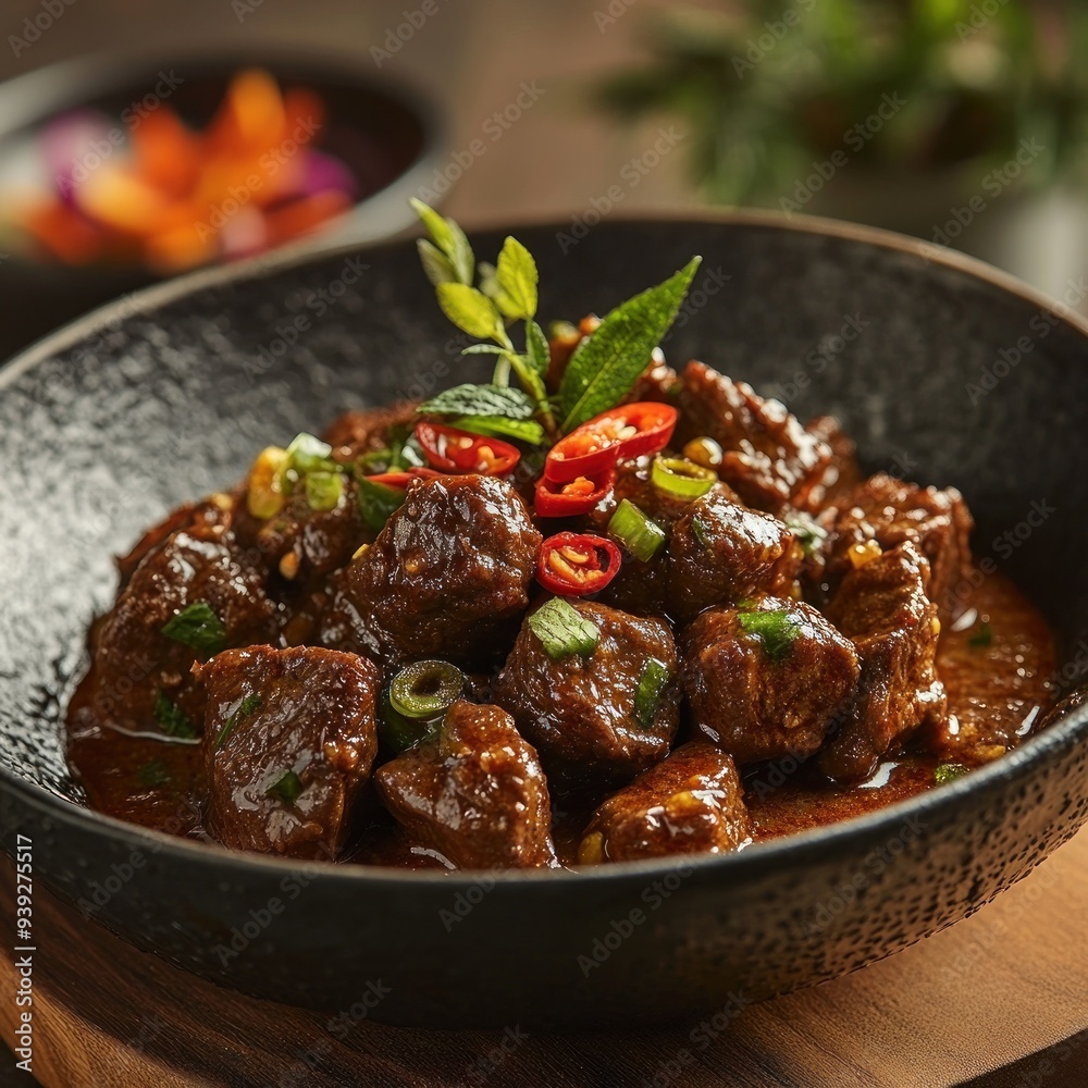 Close-up of Delicious Beef Stew with Green Onions and Chili Peppers in a Black Bowl - Food Photography Close-up of Delicious Beef Stew with Green Onions and Chili Peppers in a Black Bowl - Food Photography