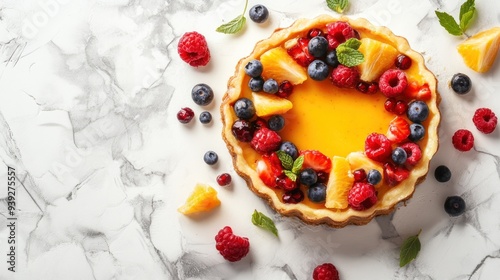 A delicious cheesecake with a lemon curd filling, topped with fresh blueberries, raspberries, strawberries, orange slices, and mint leaves.