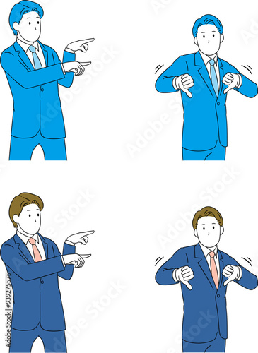 Businessperson (male) pointing and giving a thumbs down