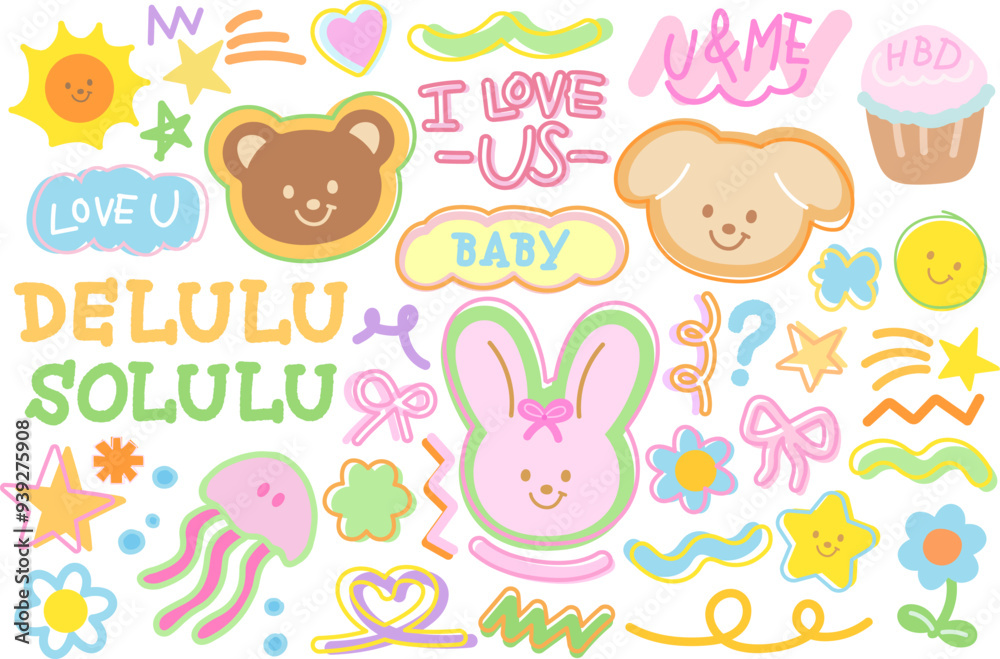 Cute illustrations of bunny, teddy bear, puppy, jellyfish, cupcake, flower, sun, star for sweet dessert, cute patches, brooch, font, typography, animal, pet, vet, aquarium, souvenir shop, cartoon logo Cute illustrations of bunny, teddy bear, puppy, jellyfish, cupcake, flower, sun, star for sweet dessert, cute patches, brooch, font, typography, animal, pet, vet, aquarium, souvenir shop, cartoon logo