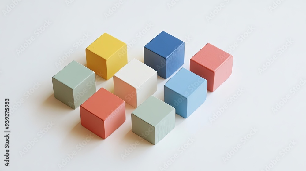 A simple geometric arrangement of colorful blocks on a clean, white surface A simple geometric arrangement of colorful blocks on a clean, white surface