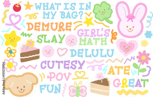 Foto Cute illustrations of pink bunny, puppy, clover leaf, cake, butterfly, cherry, s