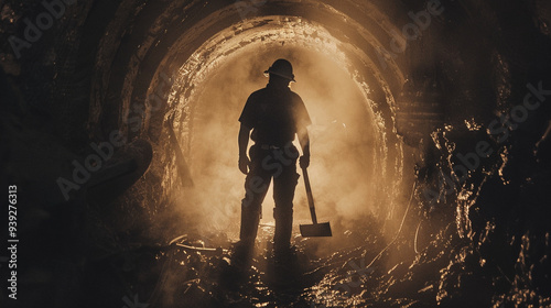 A miner covered in dust, holding a pickaxe, standing at the entrance of a dark mine shaft