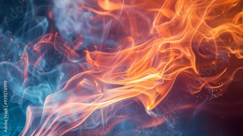 A captivating blend of vibrant orange flames and ethereal blue smoke creates a striking abstract background