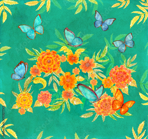 watercolor vintage card with colorful floral arrangement of marigold flowers with golden leaves and flying butterflies