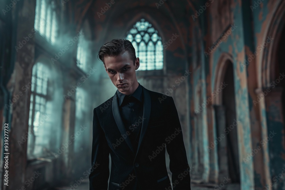 Menacing Man in Black Suit Standing in Abandoned Gothic Church Menacing Man in Black Suit Standing in Abandoned Gothic Church
