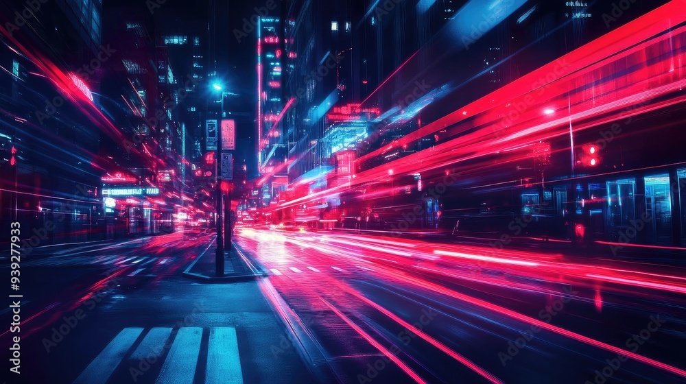 Obraz premium A dynamic city scene featuring vibrant light trails, creating an energetic and futuristic atmosphere at night.