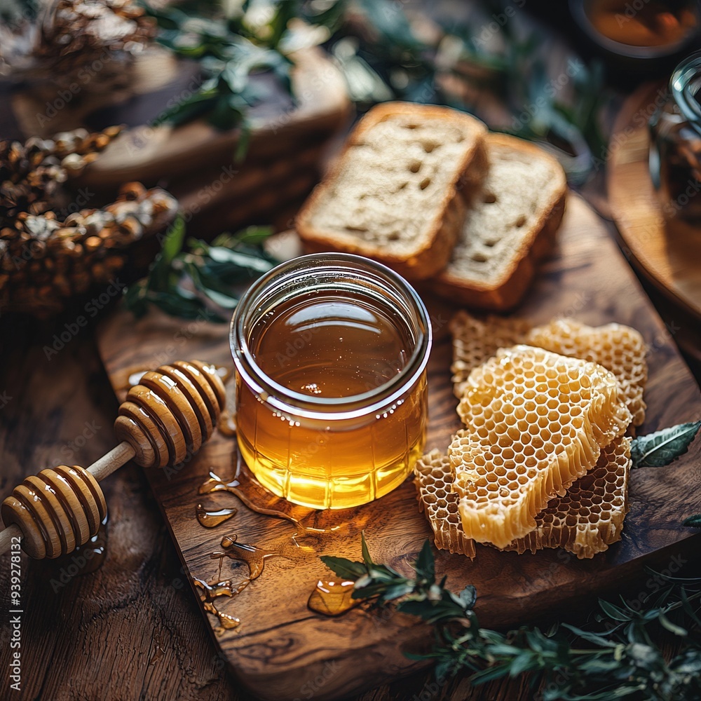 Golden Honey with Honeycomb and Toasted Bread for Breakfast Golden Honey with Honeycomb and Toasted Bread for Breakfast
