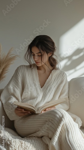 Cozy indoor reading session with a woman in a knit sweater in soft afternoon light