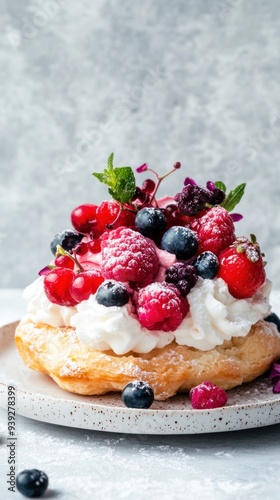 A close-up of a delicious pastry topped with whipped cream and fresh berries, including raspberries, blueberries, and strawberries.