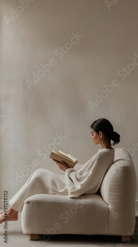 A woman in cozy attire reads a book while sitting on a comfortable couch in soft lighting