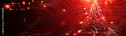 Abstract red background with high tech circuit board forms a shiny Christmas tree.