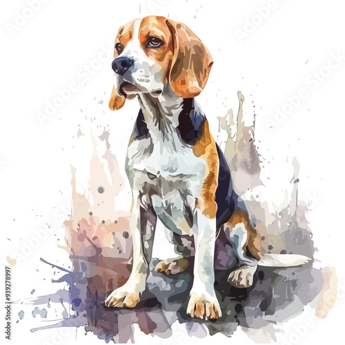 Vector illustration of a cartoon animation of Beagle dog, painted in watercolor, isolated on a white background, Beagle animation