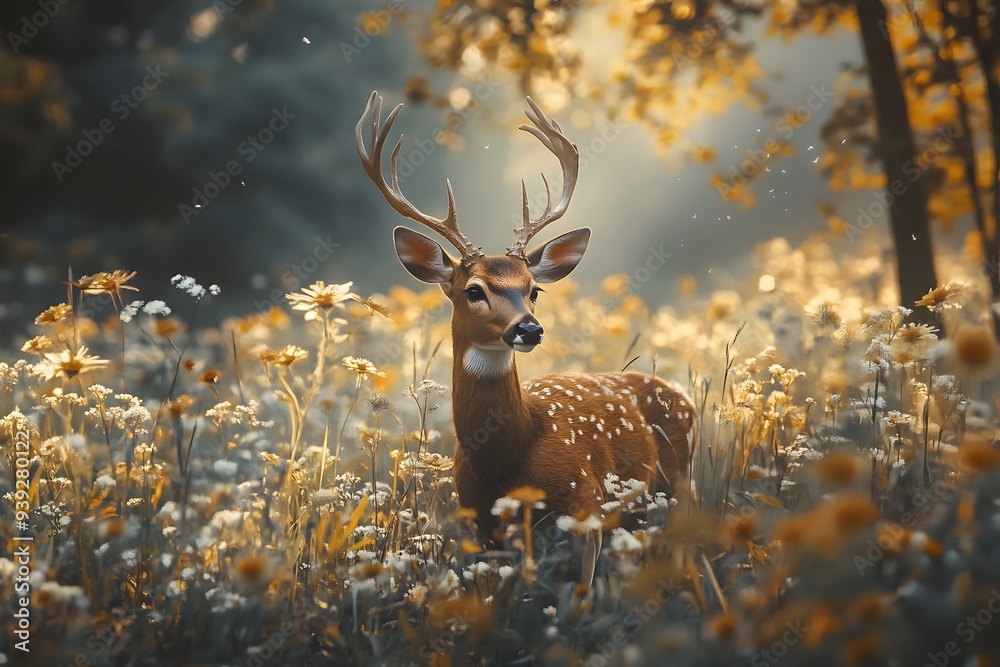 Fototapeta premium A fallow deer in the brown grass of a forested park