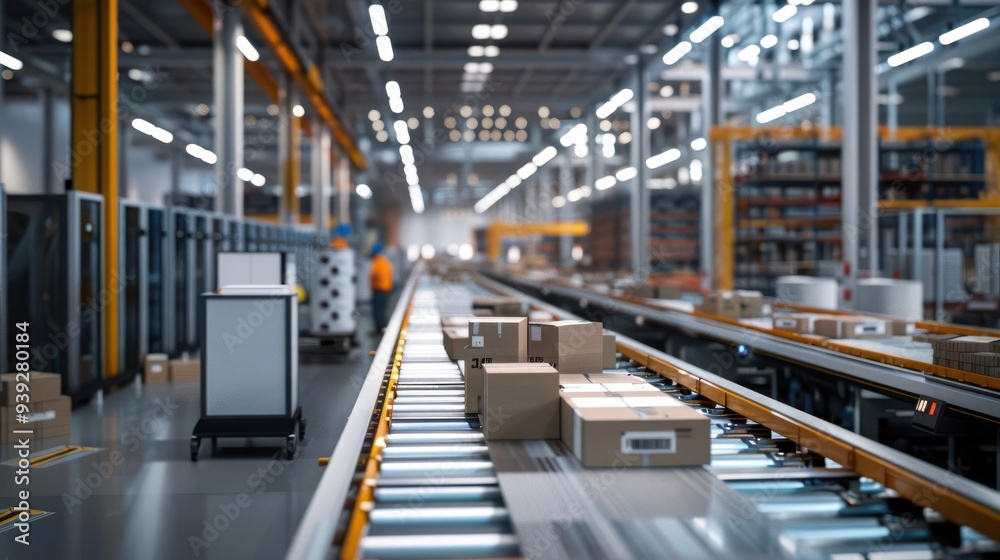 Modern automated warehouse with packages on a conveyor belt, showcasing advanced logistics and inventory management systems. Modern automated warehouse with packages on a conveyor belt, showcasing advanced logistics and inventory management systems.