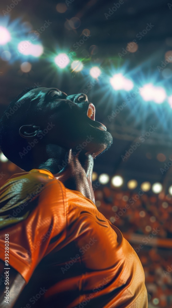 Football player celebrates passionately under stadium lights with a roaring crowd in the background.