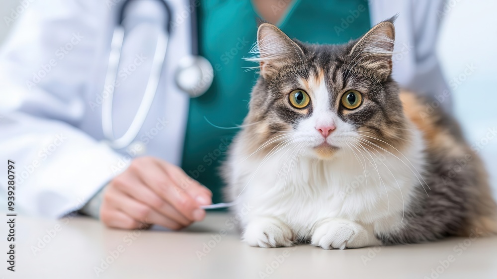 Veterinarian performing a routine wellness exam on a senior cat, veterinary treatment, prevention, comprehensive preventive care for aging pets Veterinarian performing a routine wellness exam on a senior cat, veterinary treatment, prevention, comprehensive preventive care for aging pets
